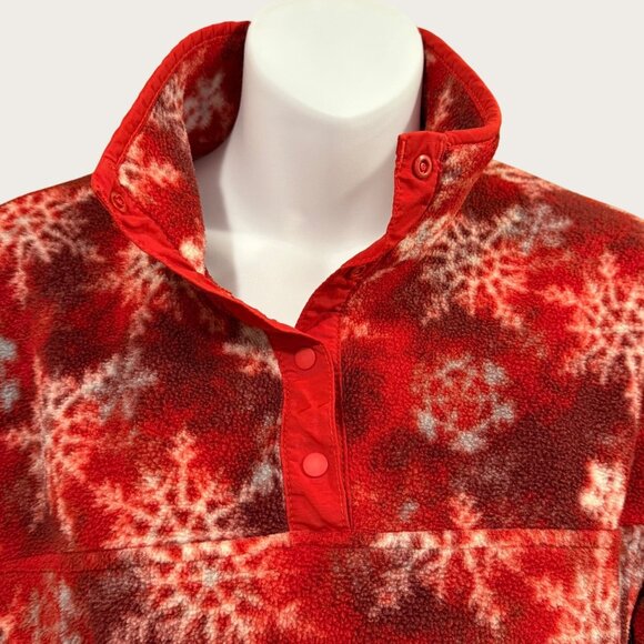 L.L. Bean Womens Red Snowflake Fleece Pullover Size Large Snap Collar - Picture 4 of 5